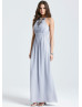 Gray Chiffon Beads Halter Neckline Long Prom Dress 